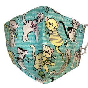 Handmade Cats Fabric Face Mask Adjustable Ears Nose Adult Kittens Blue